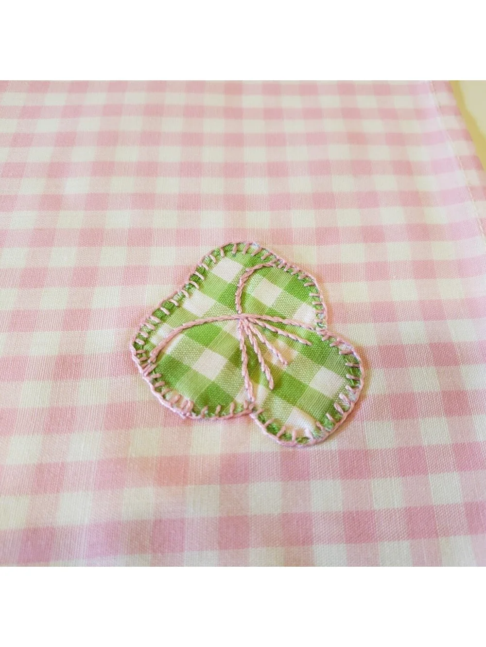 Vintage Cotton Gingham Napkin Placemat Set Green Pink Applique Hand Made Retro